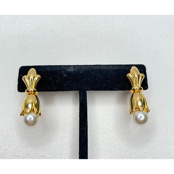 Three In One Earrings Gold Tone Tops With Detachable Faux Pearl Studs - Picture 2 of 14